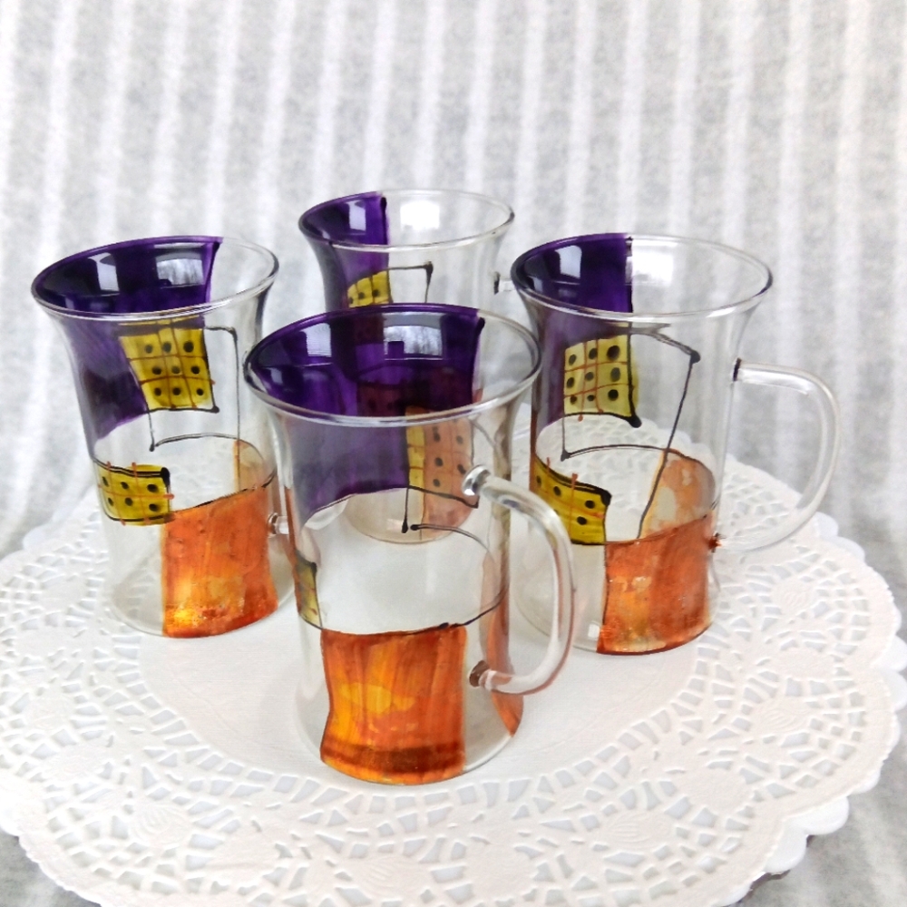 Vintage 4x Irish Coffee Glass Tumblers Hand-Painted Purple & Metallic Gold - Picture 15 of 17